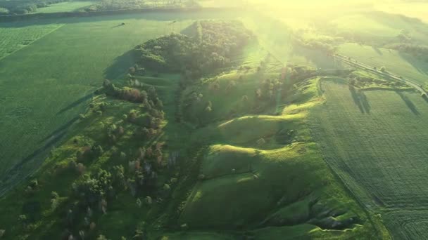 Вид с воздуха на красивый пейзаж с холмами и зеленым полем — стоковое видео