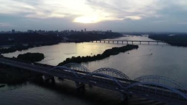 Aerial view of the construction of a new modern residential complex near the river, Kyiv, Ukraine