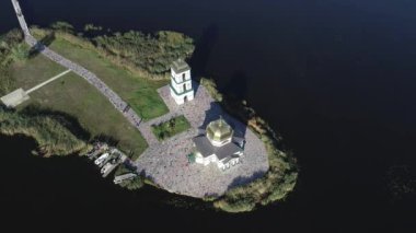 Aerial view of the Church of the Transfiguration of the Savior on an island in the middle of the Dnieper River, Ukraine