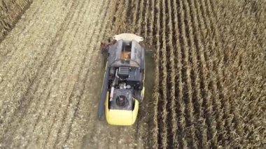 Tarlada mısır toplayan bir hasatçının hava görüntüsü. Zirai makinelerle 4k video görüntüsü