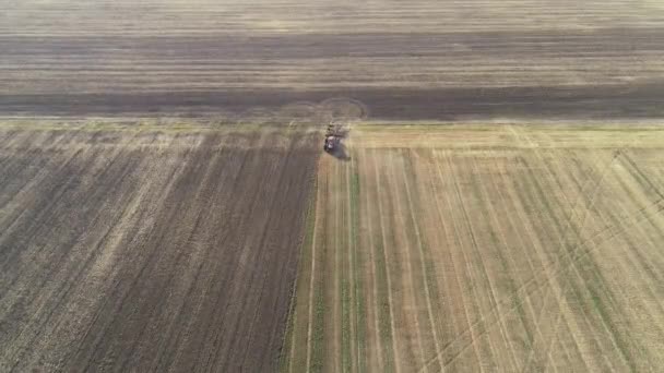 Zemědělské červené velký traktor v poli orání. — Stock video