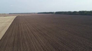 Tarlada tarla sürerken küçük bir traktör tarlası. Tarlada tarla sürme, toprağı ekime hazırlama yeni ekin, tarım konsepti, üst görünüm