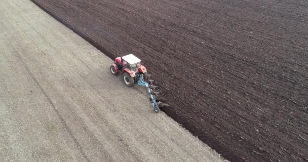 农业用红色小拖拉机在田里犁地 耕地耕地制度 新种耕地整地 农业观念 高瞻远瞩 — 图库视频影像