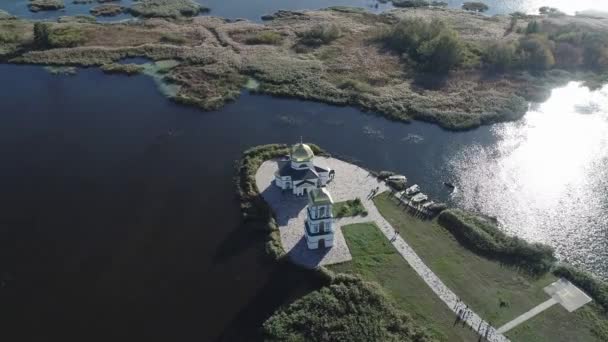 Aerial View Church Transfiguration Savior Island Middle Dnieper River Kyiv — Video