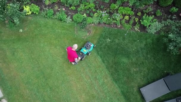 Video Footage Man Mowing Lawn Lawn Mower His Yard Aerial — Stock Video