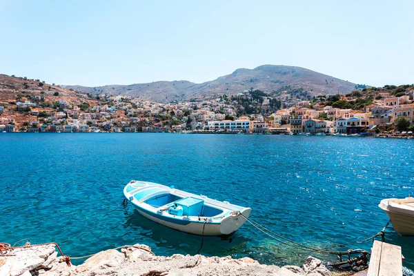 Utsikt Den Greske Havnen Symi Island Hus Øybakker Reiser Fra – stockfoto