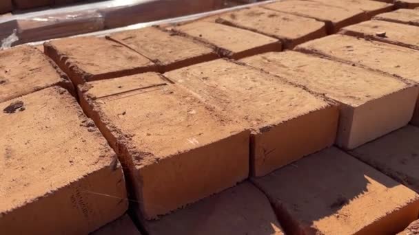 Slow Motion Video Pallets Solid Red Bricks Construction Site Video — Stock Video