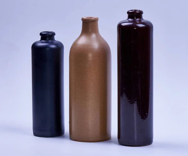 Three Clay Bottles Different Sizes Colours — Stock Photo, Image