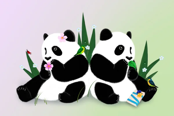 Wenskaart met twee panda 's — Stockfoto