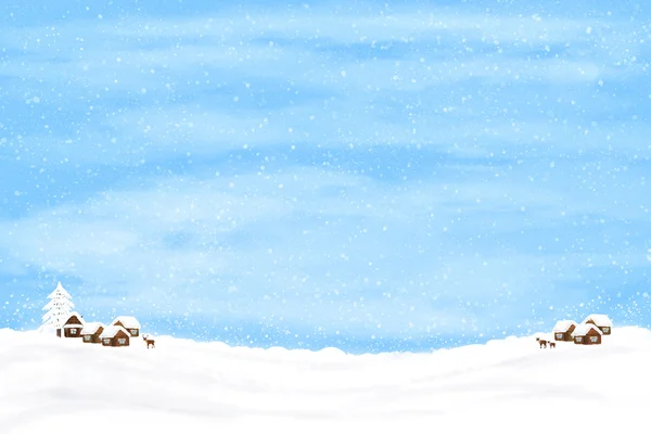 Zimowe tło z domów i jelenia — Zdjęcie stockowe