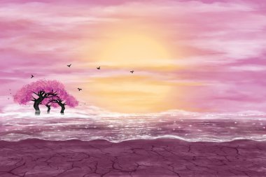 Fantezi manzara sarı ve pembe renklerde