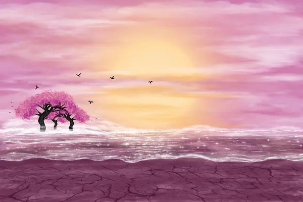 Fantezi manzara sarı ve pembe renklerde