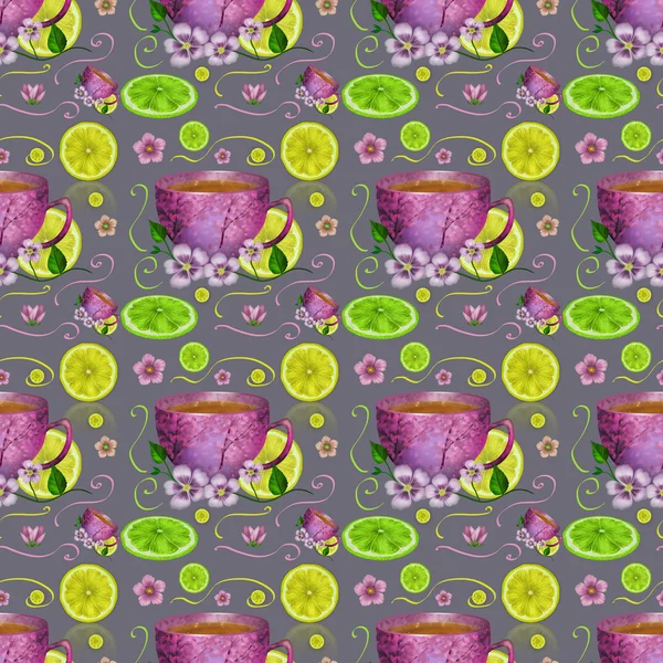 Seamless pattern cup of tea and lemons — Stock Photo, Image