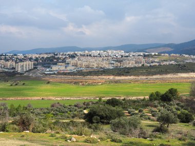 İsrail 'in Beit Shemesh kenti, tarlalar, ağaçlar ve gri gökyüzü.