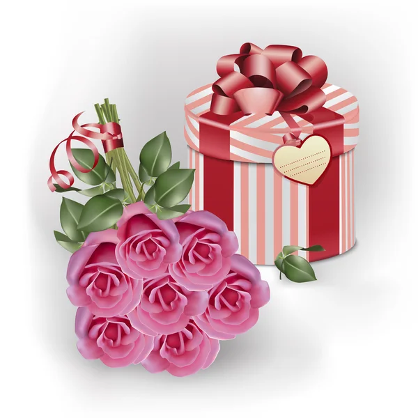 Ramo de rosas rosadas y caja de regalo — Vector de stock