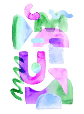 Soyut el boyası bohem şekilleri, modern pastel renkli boya, beyaz arka planda izole edilmiş suluboya arkaplan. Eğlenceli ve yaratıcı renkli geometri şekilleri