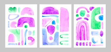 Soyut el boyası bohem şekilleri, modern pastel renkli boya, beyaz arka planda izole edilmiş suluboya arkaplan. Eğlenceli ve yaratıcı renkli geometri şekilleri önceden yapılmış posterler