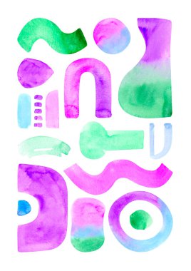 Soyut el boyası bohem şekilleri, modern pastel renkli boya, beyaz arka planda izole edilmiş suluboya arkaplan. Eğlenceli ve yaratıcı renkli geometri şekilleri önceden yapılmış posterler