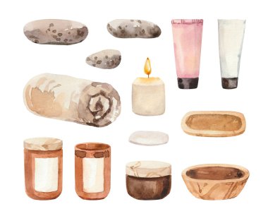 Suluboya el boyası ev yapımı spa banyosu iç dekorasyon beyaz arka planda izole edilmiş. Kozmetik ürünleri, havlular, mumlar.