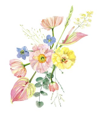 Elle boyanmış suluboya çiçek buketi. İzlanda gelincikleri, anthurium, okaliptüs illüstrasyonu beyaz üzerine izole edilmiş. Arka plan, baskı, davetiye veya tebrik kartları, metin için bahçe örtüsü.