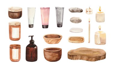 Suluboya el boyası ev yapımı spa banyosu iç dekorasyon beyaz arka planda izole edilmiş. Kozmetik ürünleri, havlular, mumlar.