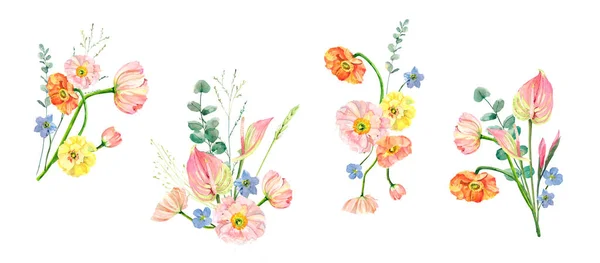 손으로 꽃다발을 색칠하였다 아이슬란드 유칼립투스의 삽화는 초대장이나 당신의 텍스트를 정원용표지에 — 스톡 사진