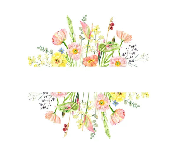 手で水彩の花花束を描いた アイスランドのポピー アンスリウム ユーカリのイラスト白いLの背景 招待状またはグリーティングカード あなたのテキストのための庭のカバー — ストック写真