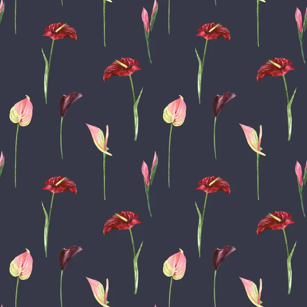 Handgemaltes Aquarell Blumenstrauß Anthurium Blüht Nahtloses Muster Stoffdesign Tapeten Packpapier — Stockfoto