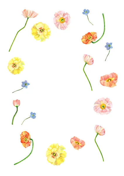 手で水彩の花の花輪を描いた アイスランド白い背景に描かれたポピーと青い花のイラスト 結婚式招待テンプレート カード バナーを事前に — ストック写真