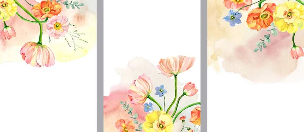 Handgemaltes Aquarell Blumenstrauß Island Poppies Eukalyptus Und Blaue Blumen Illustration — Stockfoto