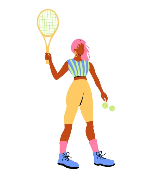 テニスをする自由な女性 そして願望の概念 ラケットを持っている女性テニス選手 シンプルな背景に分離された着色されたフラットベクターイラスト — ストックベクタ