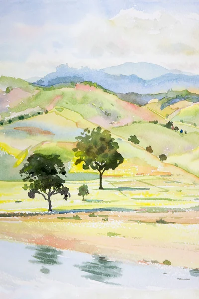 Akvarell Landskap Målning Papper Färgglada Naturliga Skönhet Berg Träd Majsfält — Stockfoto
