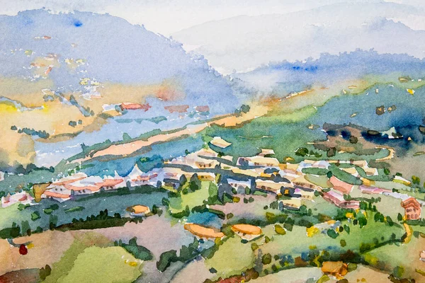 Abstract watercolor landscape original painting on paper colorful of Village in mountain meadow and farm with sky, cloud background. Hand painted beautiful nature autumn season in Thailand.