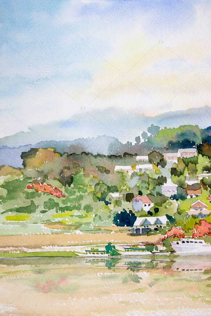 Watercolor landscape painting colorful of Mekong River, passenger ship, mountain natural beautiful and forest with village rural society, sky cloud background, travel landmark in Thailand. 