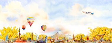 Avrupa, Asya ve Amerika 'nın ünlü simgelerinden biri olan Sonbahar Festivali' ni seyahet edin. suluboya manzara çizimi uçak, sıcak hava balonu, turist ya da reklam arka planı.