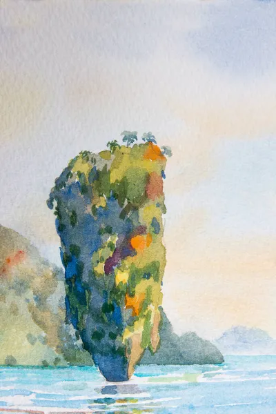 Färgglada Sommar Akvarell Målning Havsbild Papper Phang Nga Bay För — Stockfoto