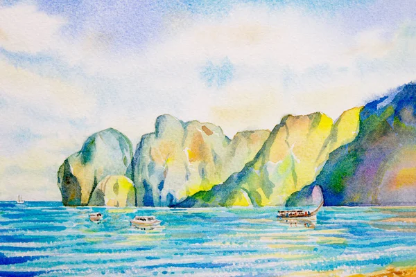 Aquarel Schilderen Zeegezicht Kleurrijk Van Reizen Oceaan Strand Golf Passagiersschip — Stockfoto