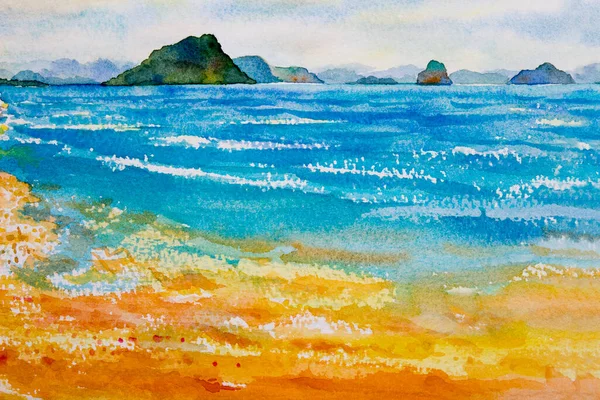 Aquarel Schilderen Zeegezicht Kleurrijk Van Oceaan Strand Golf Berg Wolk — Stockfoto