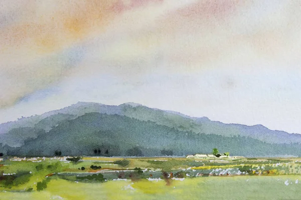 Aquarelle Paysage Peinture Colorée Chaîne Montagnes Avec Champ Maïs Ferme — Photo