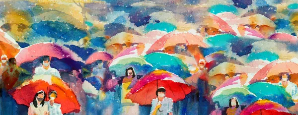 季候风雨天 多彩的水彩画 描绘了街上的行人和蒙面男女 彩色雨伞在明亮的雨季刷笔画手绘 — 图库照片