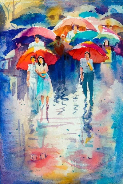 Monsoon Rainy Day Colorful Watercolor Painting People Walking Street Men — Stock Photo, Image