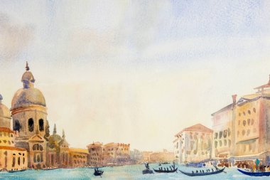 İtalya, Venedik 'te Büyük Kanal. Santa Maria della Selamlama Kilisesi. Venedik 'te gondolcularla yolculuk. Suluboya peyzaj orijinal resim vintage stili, dünyanın dönüm noktası. 