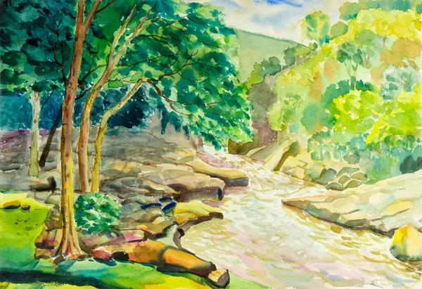 Watercolor landscape original painting colorful of  river, mountain and green leaves in blue background