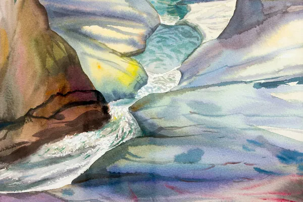 Aquarell Landschaft Ursprüngliche Malerei Bunt Von Wasserfall Felsen Klippe Wald — Stockfoto