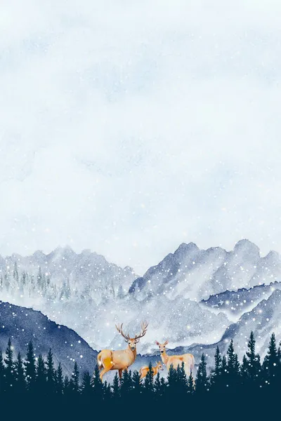 Gemälde Schnee Fällt Wald Winter Aquarell Landschaft Von Hirschen Familie — Stockfoto