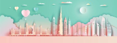 Seyahat işaretleri Birleşik Arap Emirlikleri Abu dhabi balonlu ve duvar kağıdı arkaplanlı renkli panorama manzaralı ve sermayeli Tur şehri, renkli origami kağıt kesim tarzı poster ve kartpostal.