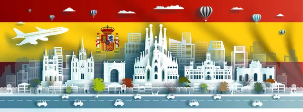 Destino Turístico Ciudad Europa Fondo Bandera España Barcelona Madrid Plaza — Vector de stock