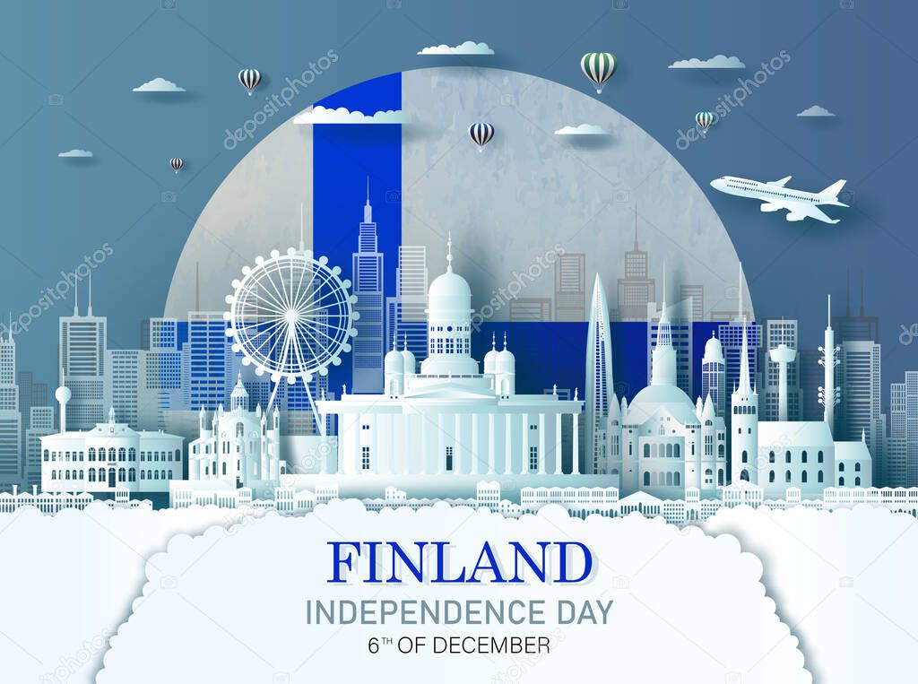 Travel landmarks Finland city with celebration finland independence day in flag background, Tour europe landmark to helsinki with panorama view cityscape popular capital, Origami paper cut style.