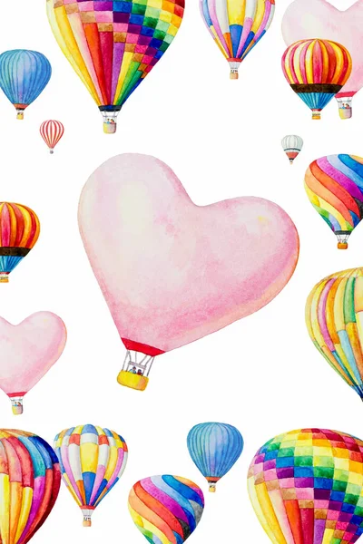 Colorful beautiful air balloon heart. Abstract watercolor paintings illustration invitation card, Sport and recreation travel theme with bright pink background. Romantic trip on Valentine\'s Day.