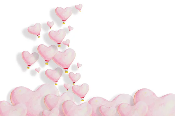 水彩画白地にピンク色の熱気球を孤立させ ハートバルーンで愛とバレンタインデーのイラストを描いた — ストック写真